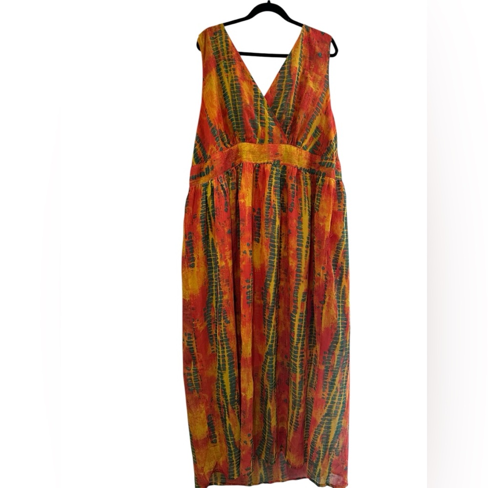 Vibrant Orange & Yellow Maxi Dress with Green Accents